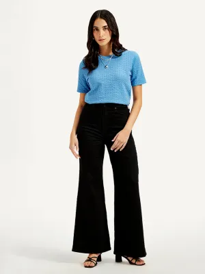 Lightweight Material Women's Black Ribcage Bell Bottom Wide Leg Fit High Rise Jeans