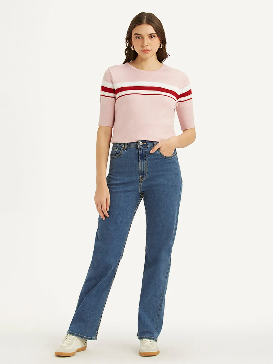 Women's Blue Ribcage Straight Fit High Rise Jeans Go-to Wear Luxury Textured