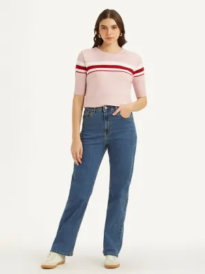 Women's Blue Ribcage Straight Fit High Rise Jeans Go-to Wear Luxury Textured
