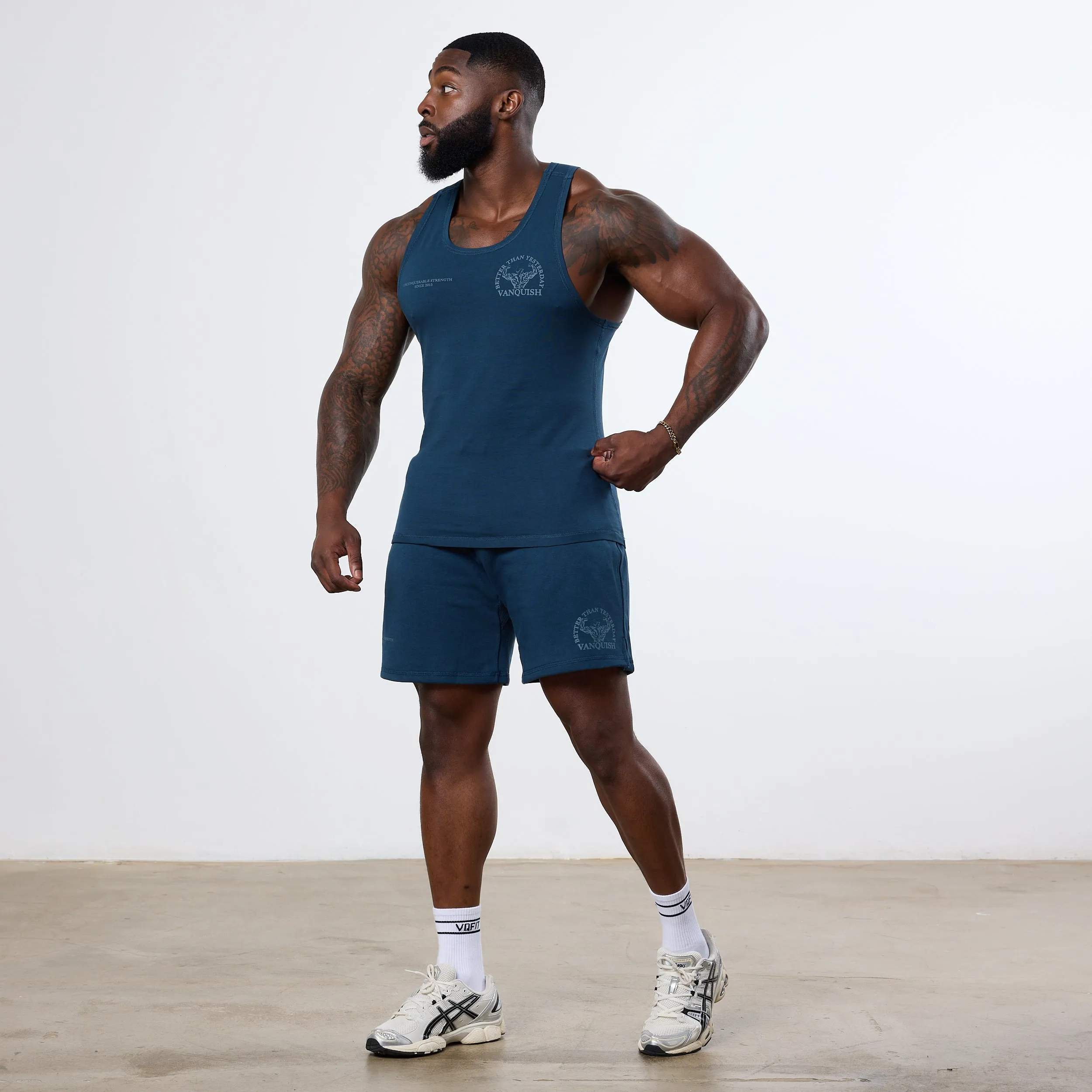 Vanquish Midnight Blue Unconquerable Strength Wide Leg Shorts No Ride Up Technology Sports Wear