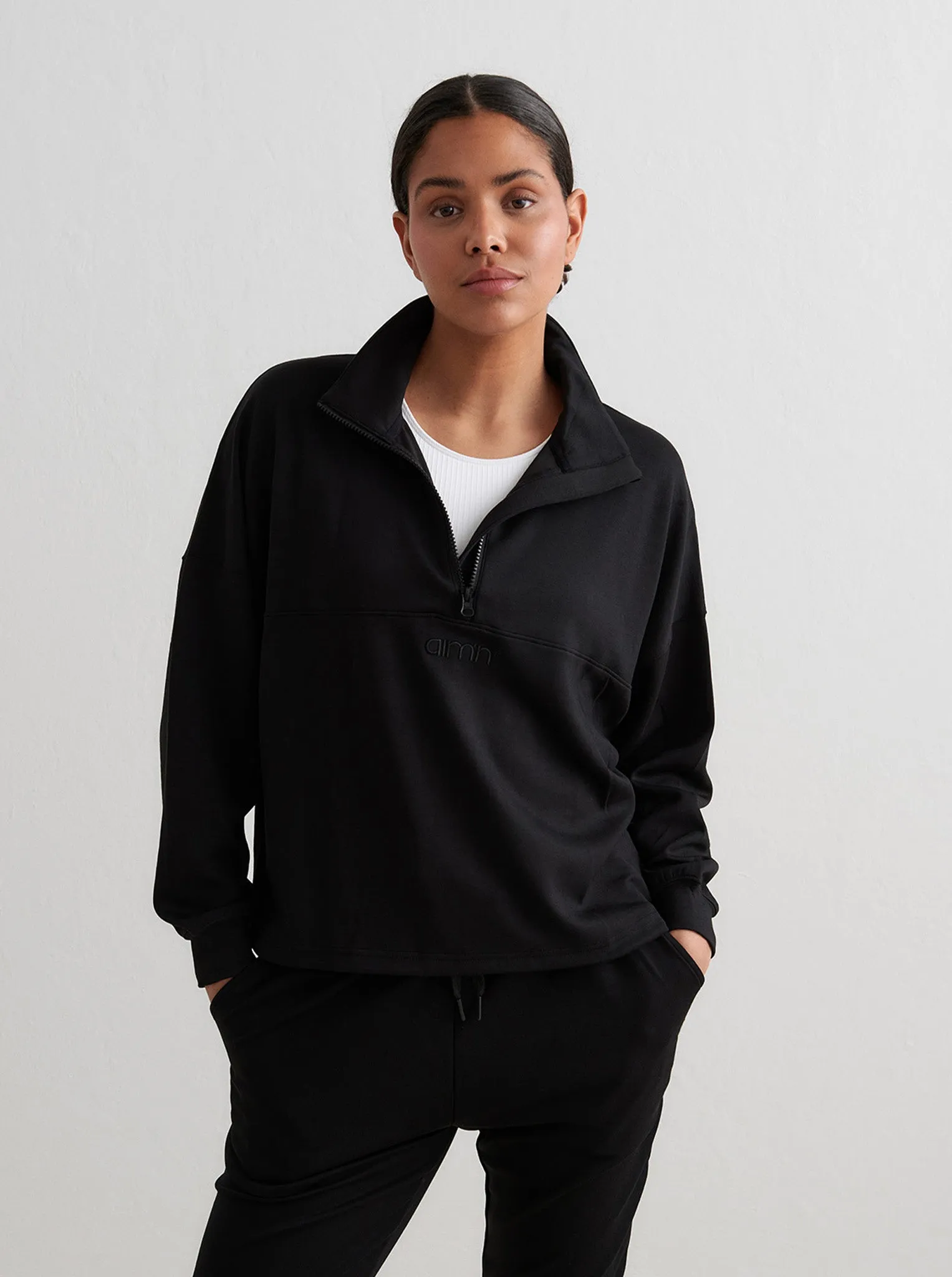 Long Sleeves Black Comfy Modal Half Zip
