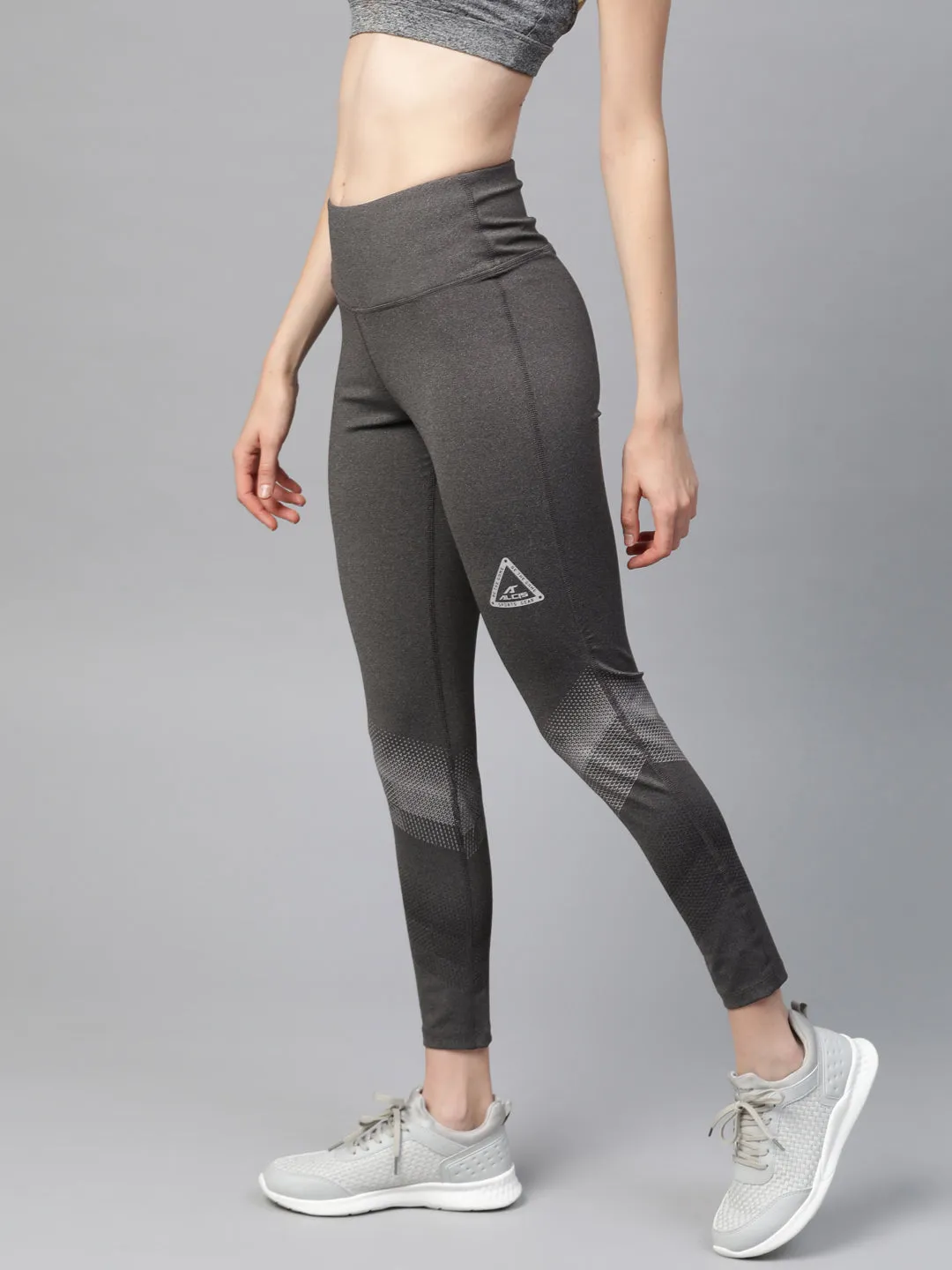 Alcis Women Charcoal Grey Solid Cropped Tights with Printed Detail Dry Fit All Ages Travel Outfit
