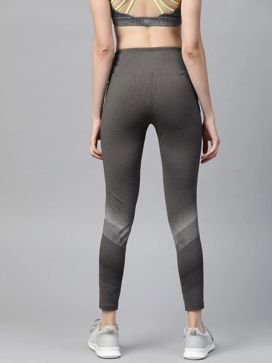 Alcis Women Charcoal Grey Solid Cropped Tights with Printed Detail Flexible Wear Park Run Travel Enthusiast Squat Proof