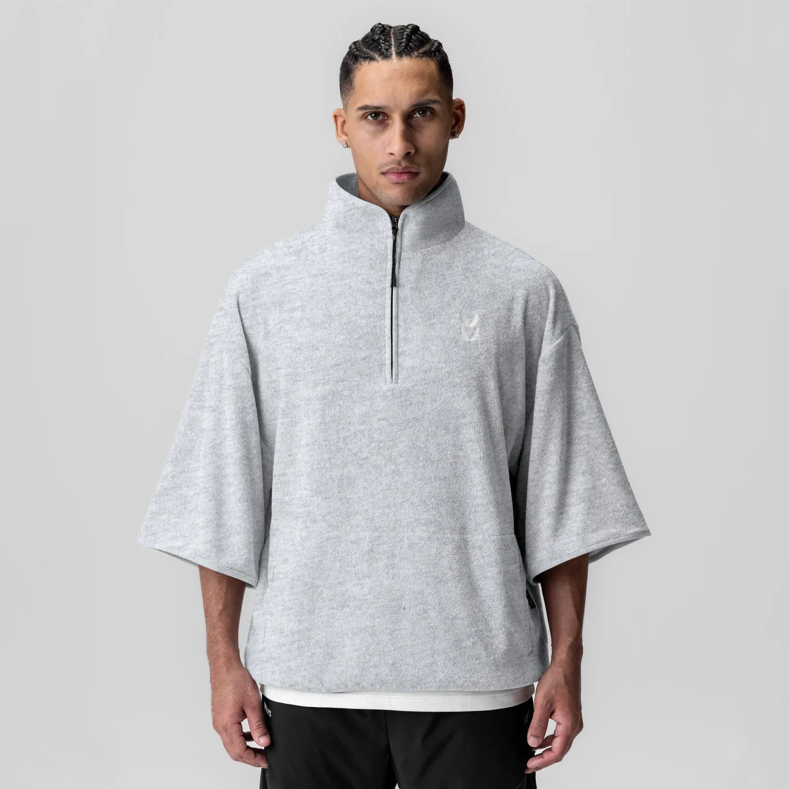 Skinny Fit Anti-pilling 1057. Towel Terry Quarter Zip Oversized Tee - Heather Grey