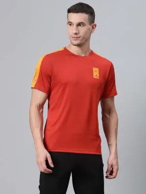 Alcis Men Rust Red Solid Round Neck Training T-shirt MultiFunctional Pockets
