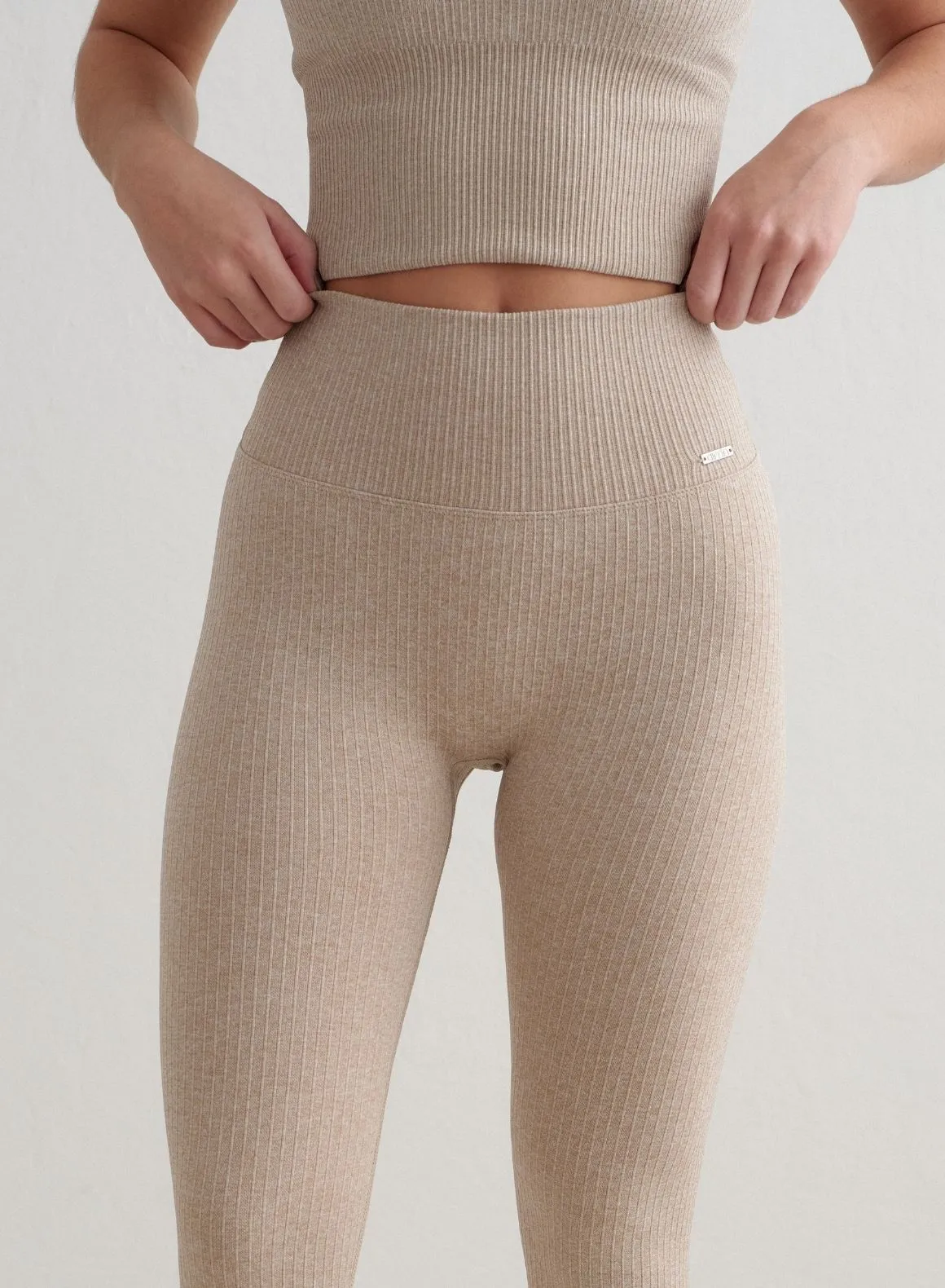 Beige Melange Ribbed Seamless Petite Tights Extra Soft Summer Wear Indoor Exercise Compression Support