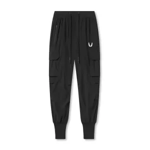 0825. Tetra-Lite? Cargo High Rib Jogger - Black "White Wings" Effortless Look HiddenDrawcord