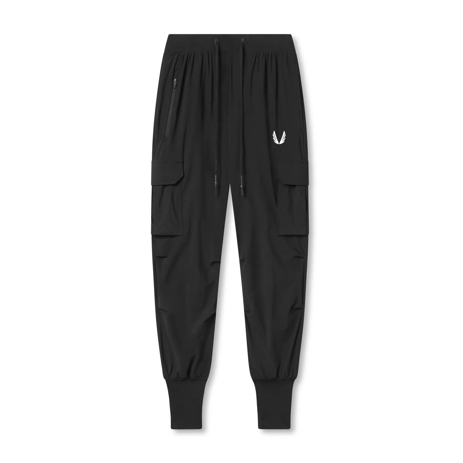 0825. Tetra-Lite? Cargo High Rib Jogger - Black "White Wings" Effortless Look HiddenDrawcord