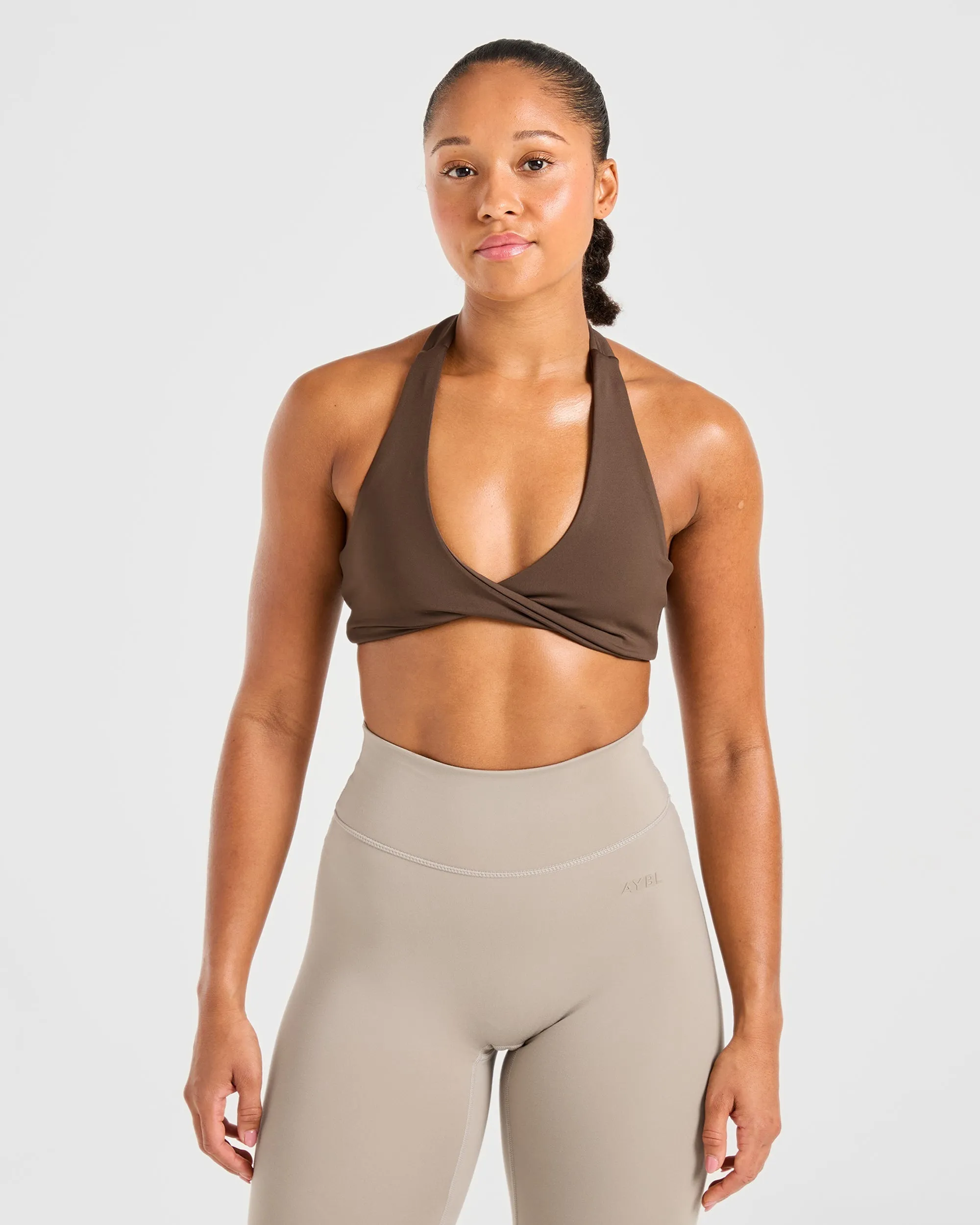 Essential Halterneck Sports Bra - Deep Cocoa Brown Thermoregulating Fibers Quick Dry Technology