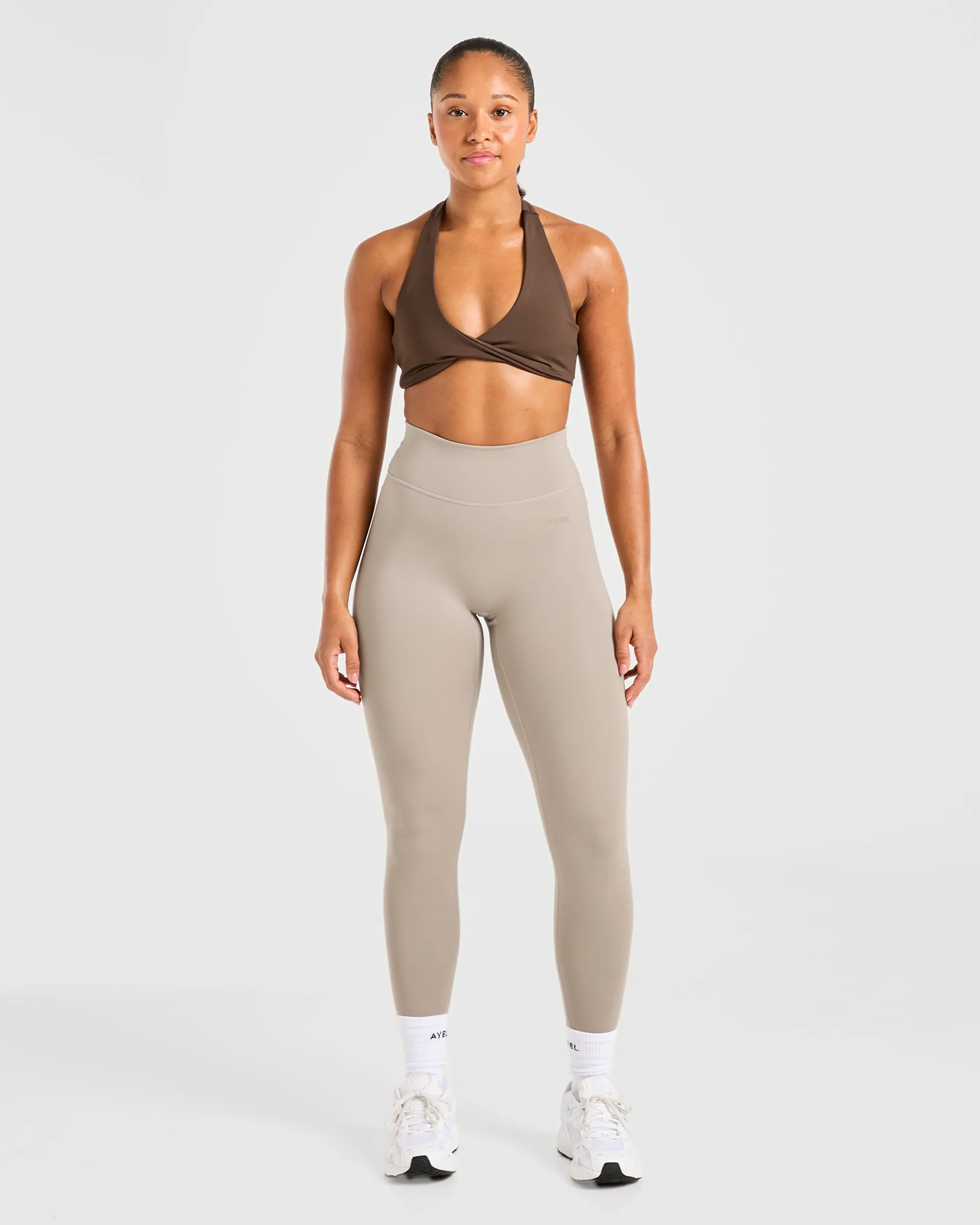 Essential Halterneck Sports Bra - Deep Cocoa Brown Breathable Structure