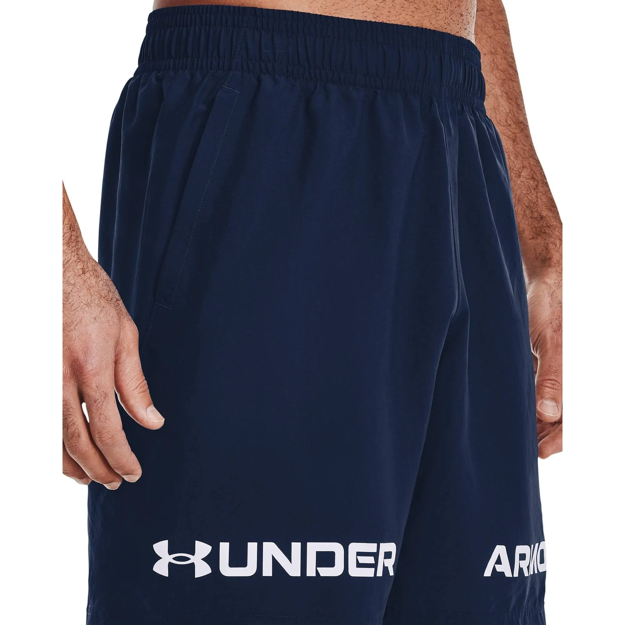Under Armour Woven Graphic Wordmark Mens Training Shorts - Navy Chafe Resistant Seams Lightweight Weave