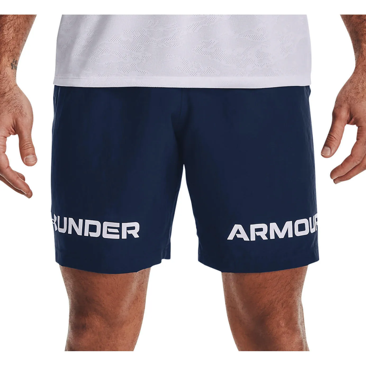 Under Armour Woven Graphic Wordmark Mens Training Shorts - Navy Extended Inseam Options muted colors
