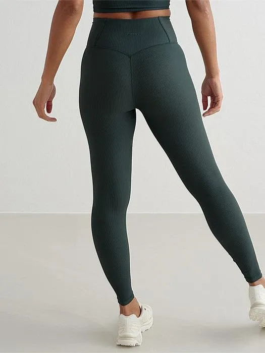 Matte Finish Silicone Hem Binding Deep Emerald Ribbed Performance Tights