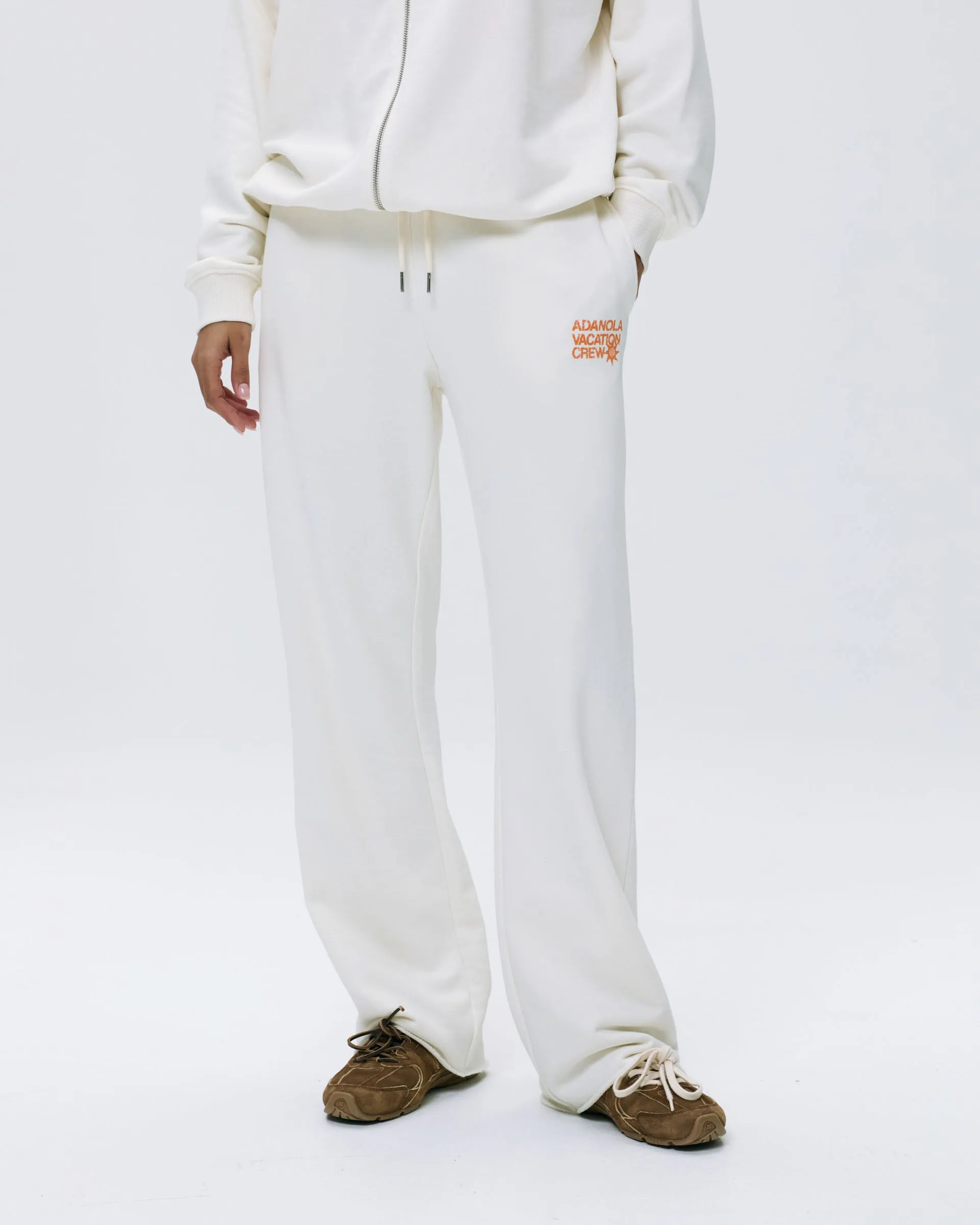 Zipper Closure Vacation Raw Hem Straight Leg Sweatpants - Marshmallow White/Mango Orange