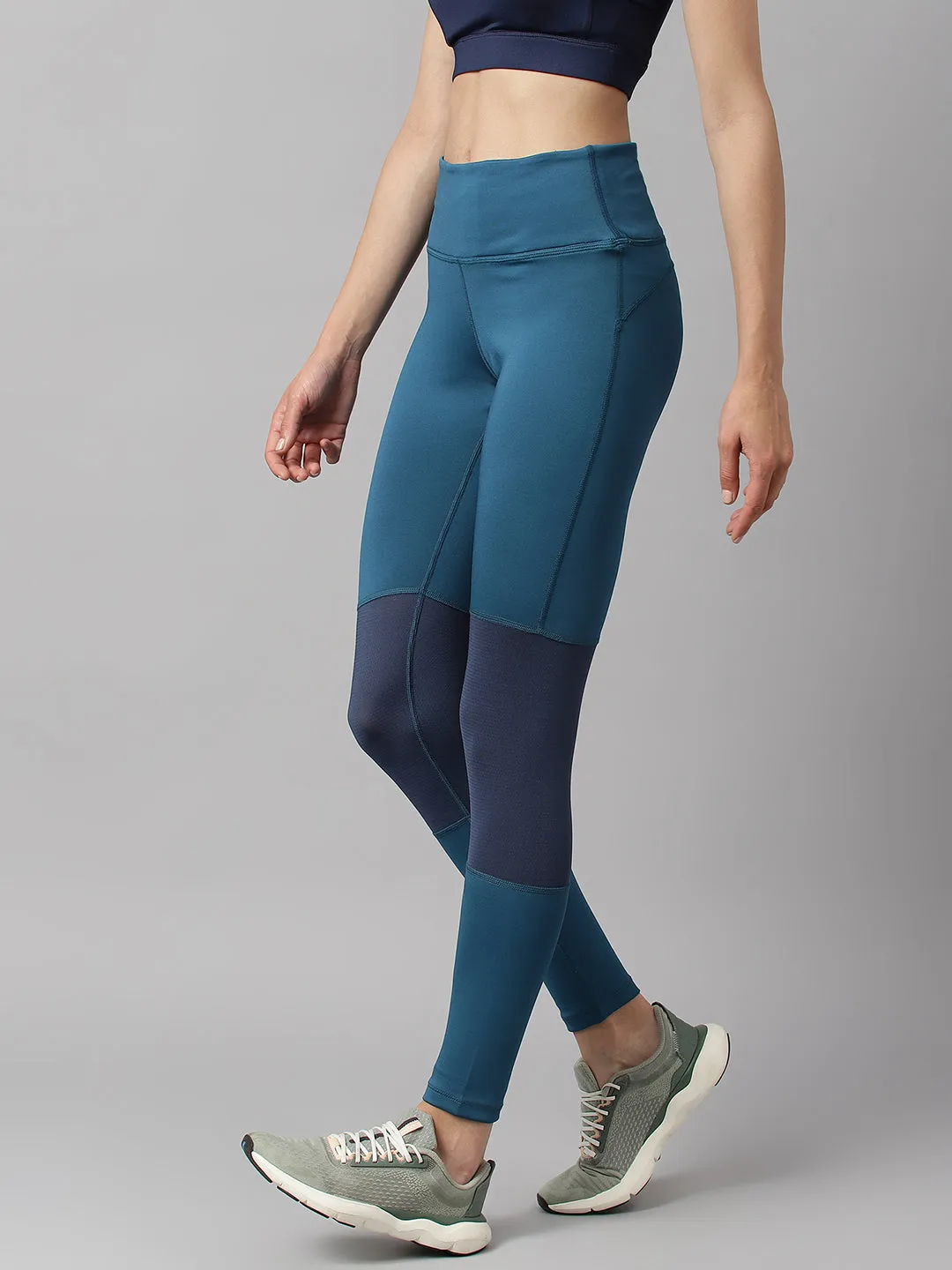 Power Stretch Alcis Women Navy Colour blocked Anti-Static Slim-Fit Full-Length Sports Tights