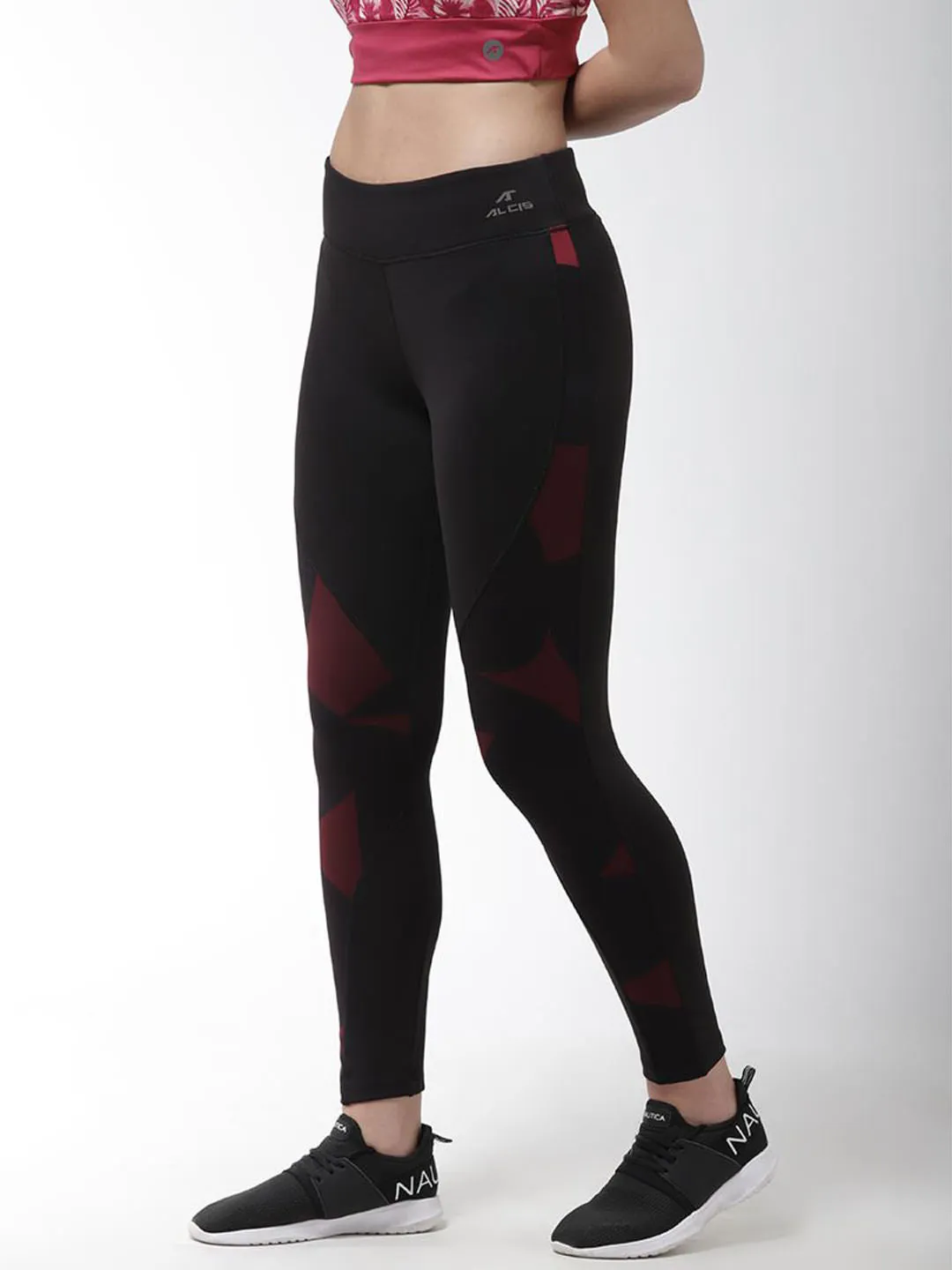 Alcis Women Black Maroon Printed Training Tights Lifestyle Ready