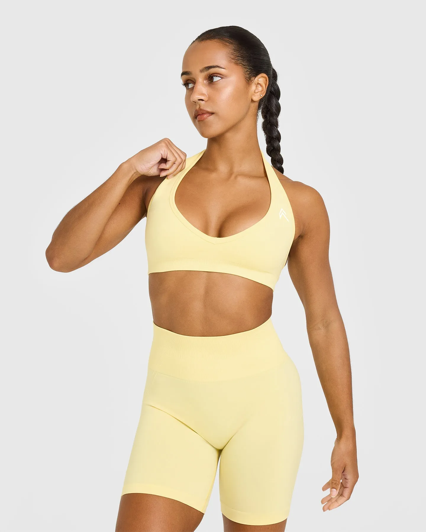 Stretch Woven Fabric Effortless Seamless Halter Neck Sports Bra | Sherbert Yellow Secure Hold