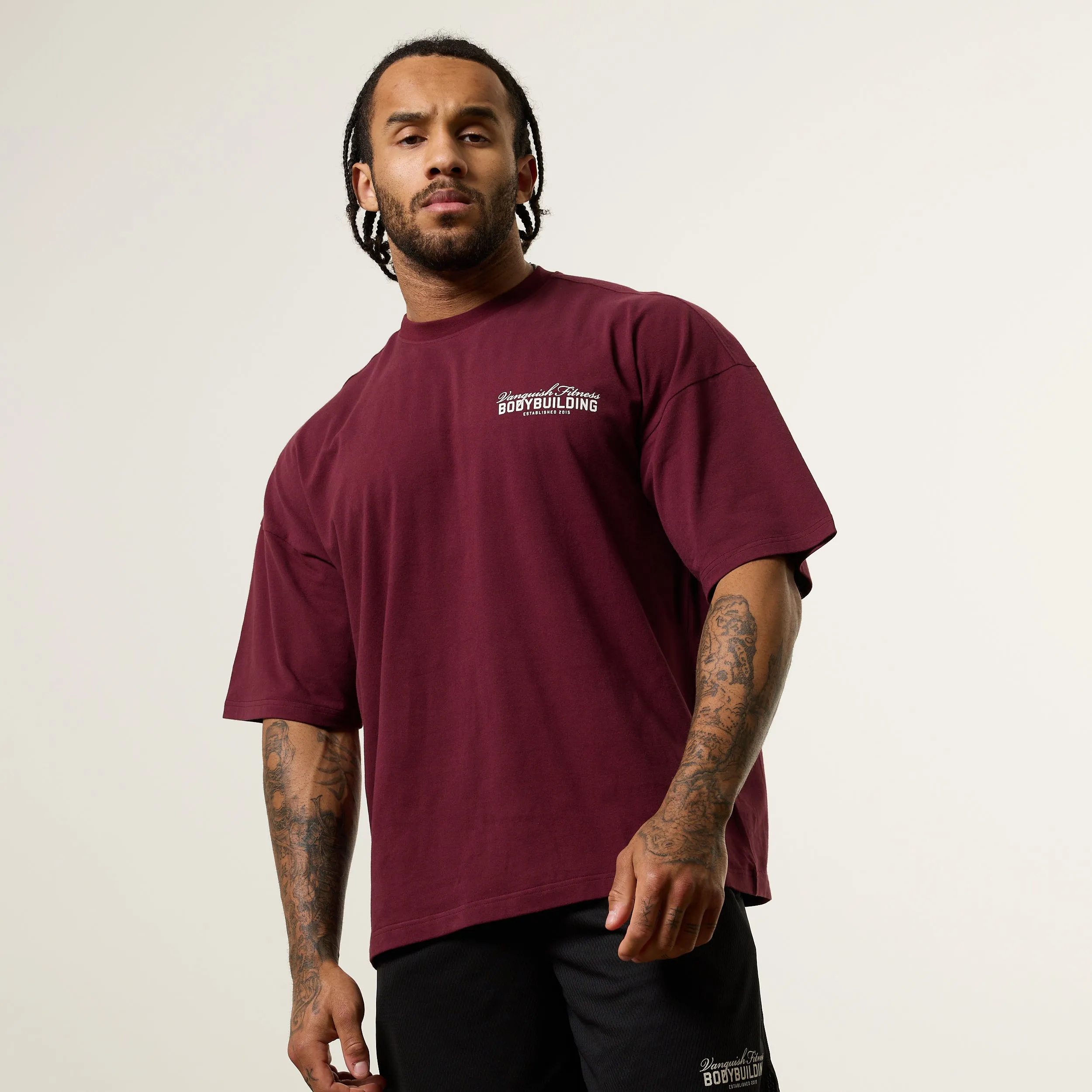 Vanquish Bodybuilding Oxblood Oversized Boxy T Shirt Holiday Outfit Style polo neck