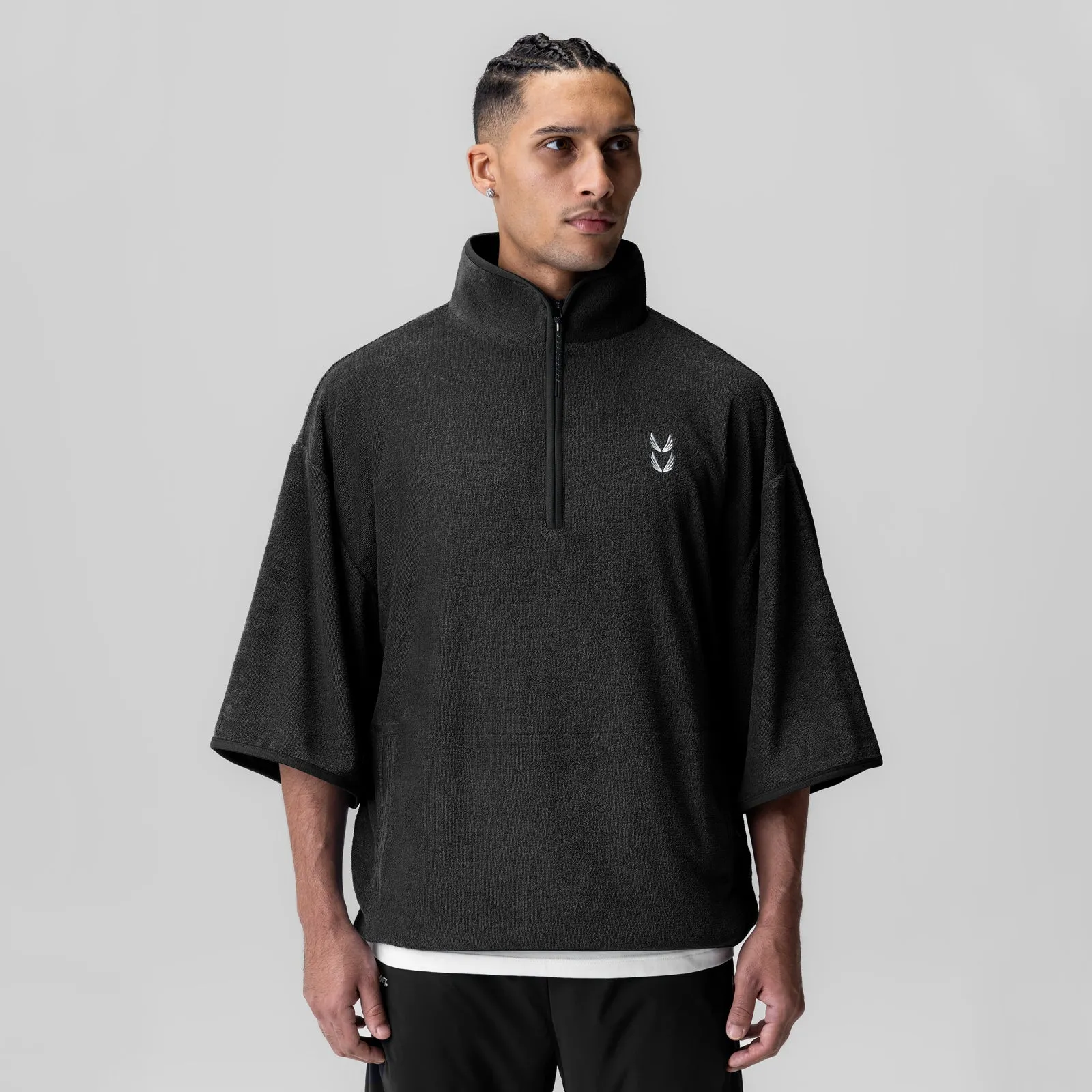 1057. Towel Terry Quarter Zip Oversized Tee - Black anniversary
