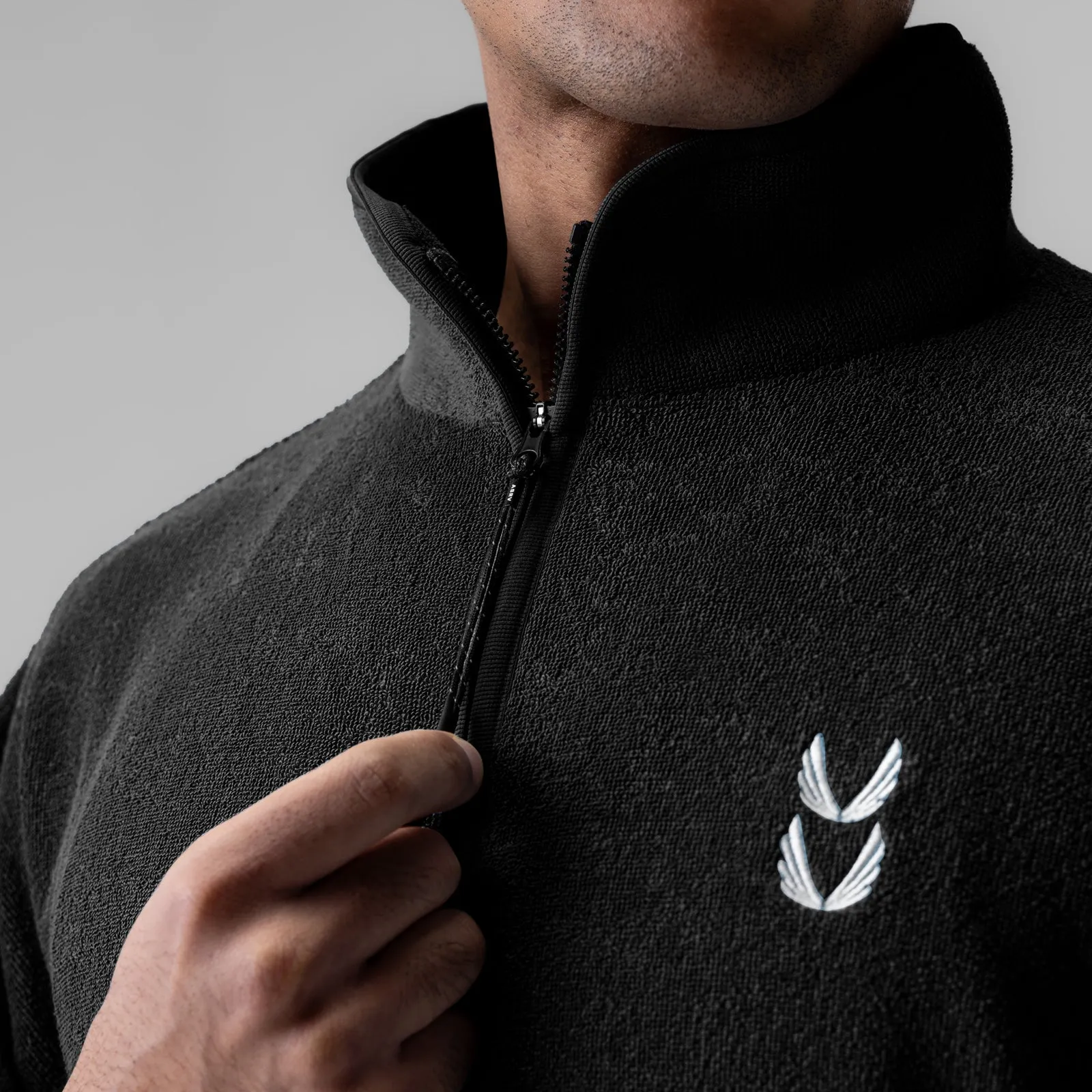 1057. Towel Terry Quarter Zip Oversized Tee - Black Cool Comfort Hiking durability