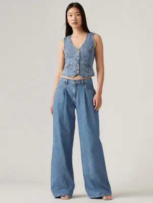 Women's Blue Baggy Dad Wide Leg Fit Low Rise Jeans Weekend Style Stretch Bold Look
