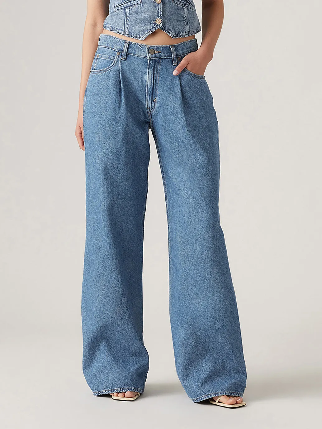 Sunny Vibes Casual Leisure Wear Women's Blue Baggy Dad Wide Leg Fit Low Rise Jeans