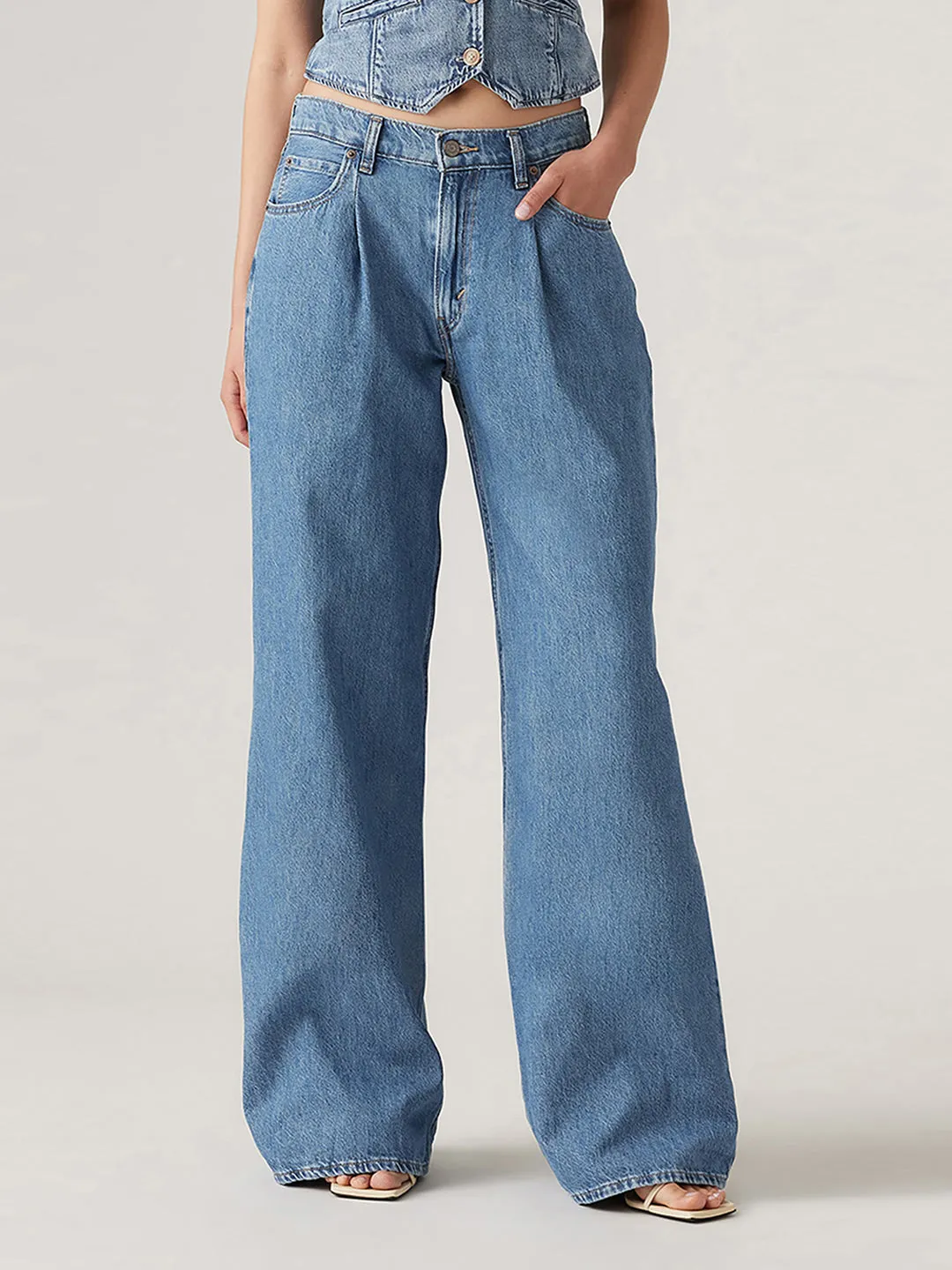 Weather Friendly Women's Blue Baggy Dad Wide Leg Fit Low Rise Jeans