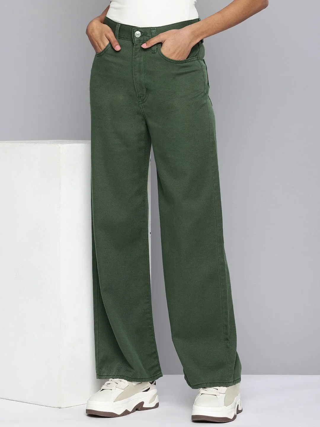 Women's Green Ribcage Bell Bottom Wide Leg Fit High Rise Jeans Loose Spring Mood