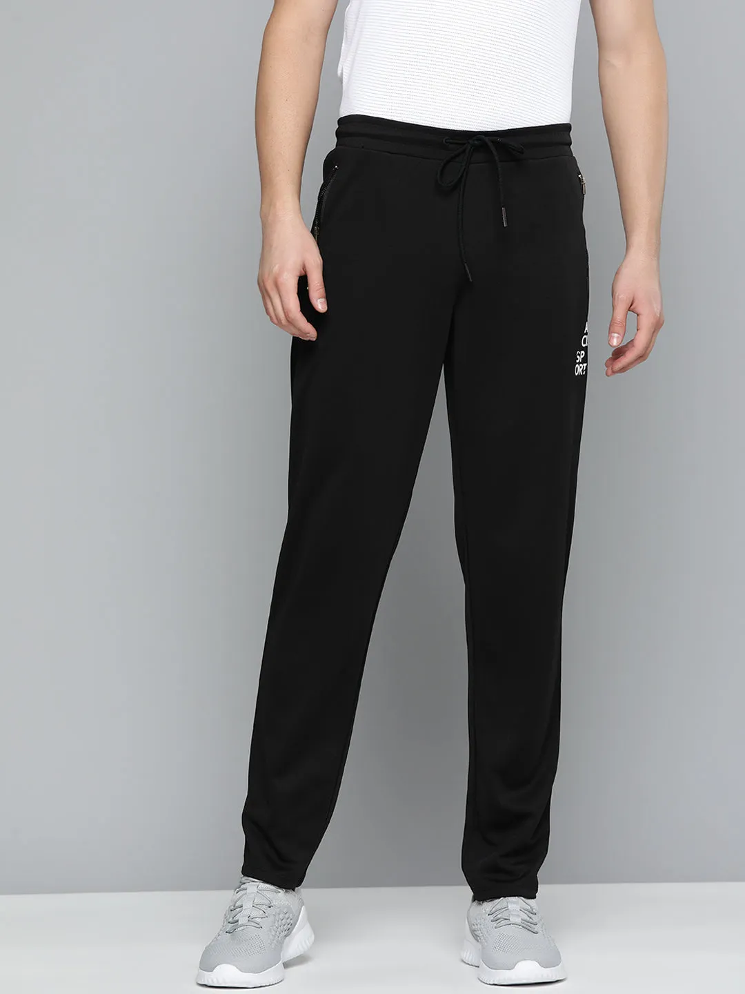 Alcis Men Black Typography Printed Slim Fit Track Pants StaticResistantMaterial Embroidered Detail