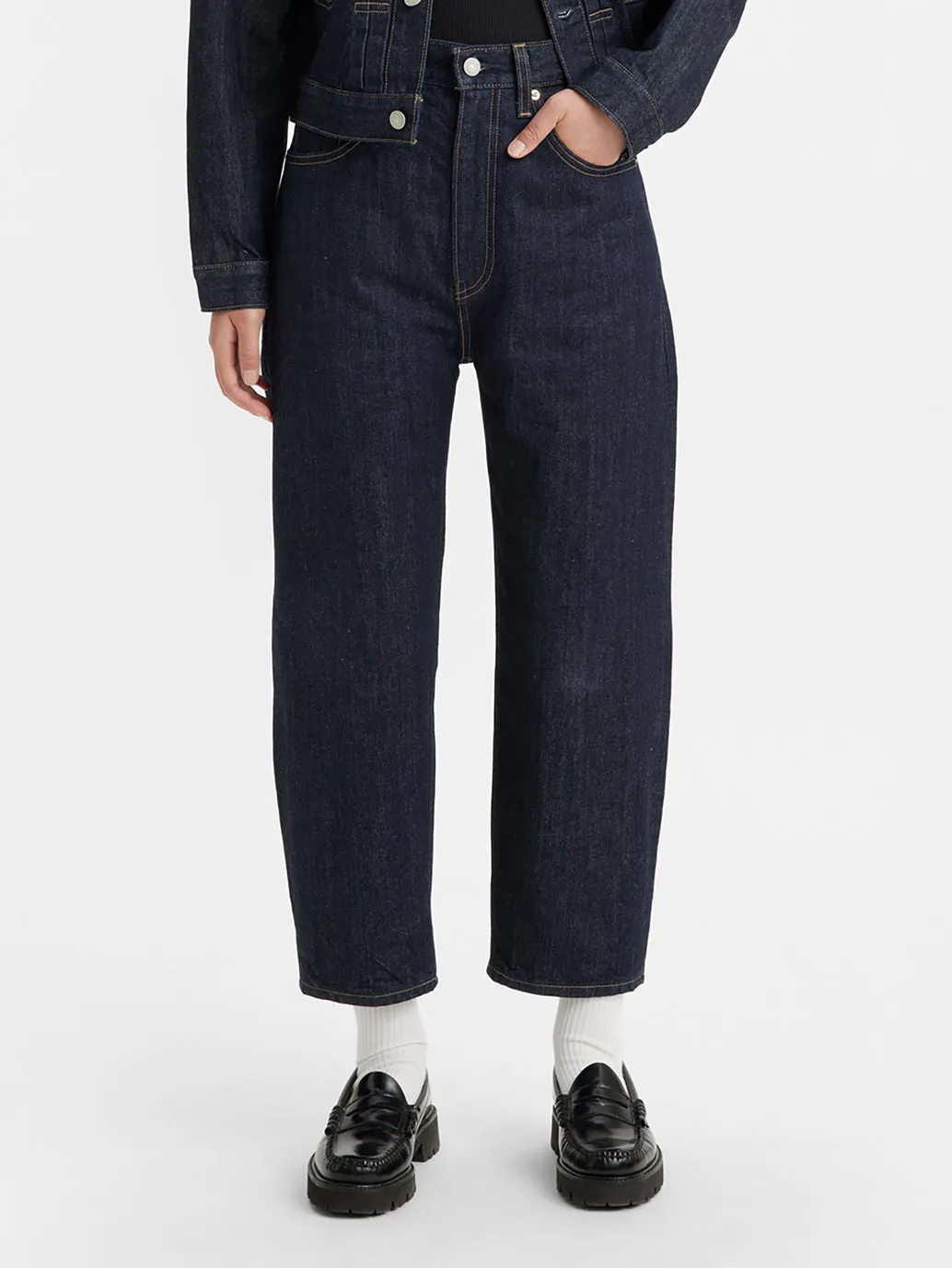 Women's Navy Blue Barrel Loose Fit High Rise Jeans Smooth Creative Look Adult Fashion elastic waistband