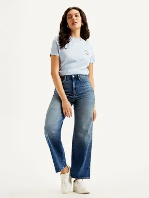 Women's Redloop Blue Ribcage Bell Bottom Wide Leg Fit High Rise Jeans City Walk Bold Look Abrasion Resistant Surface