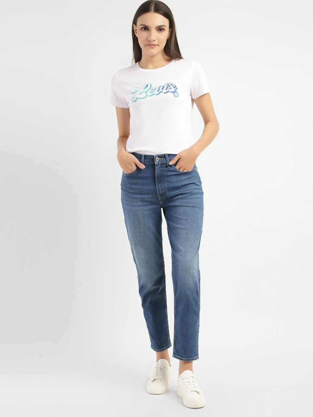 Women's Blue Loose Fit Mid Rise Mom Jeans Modern Youth Style Party Look Stretch Denim Technology