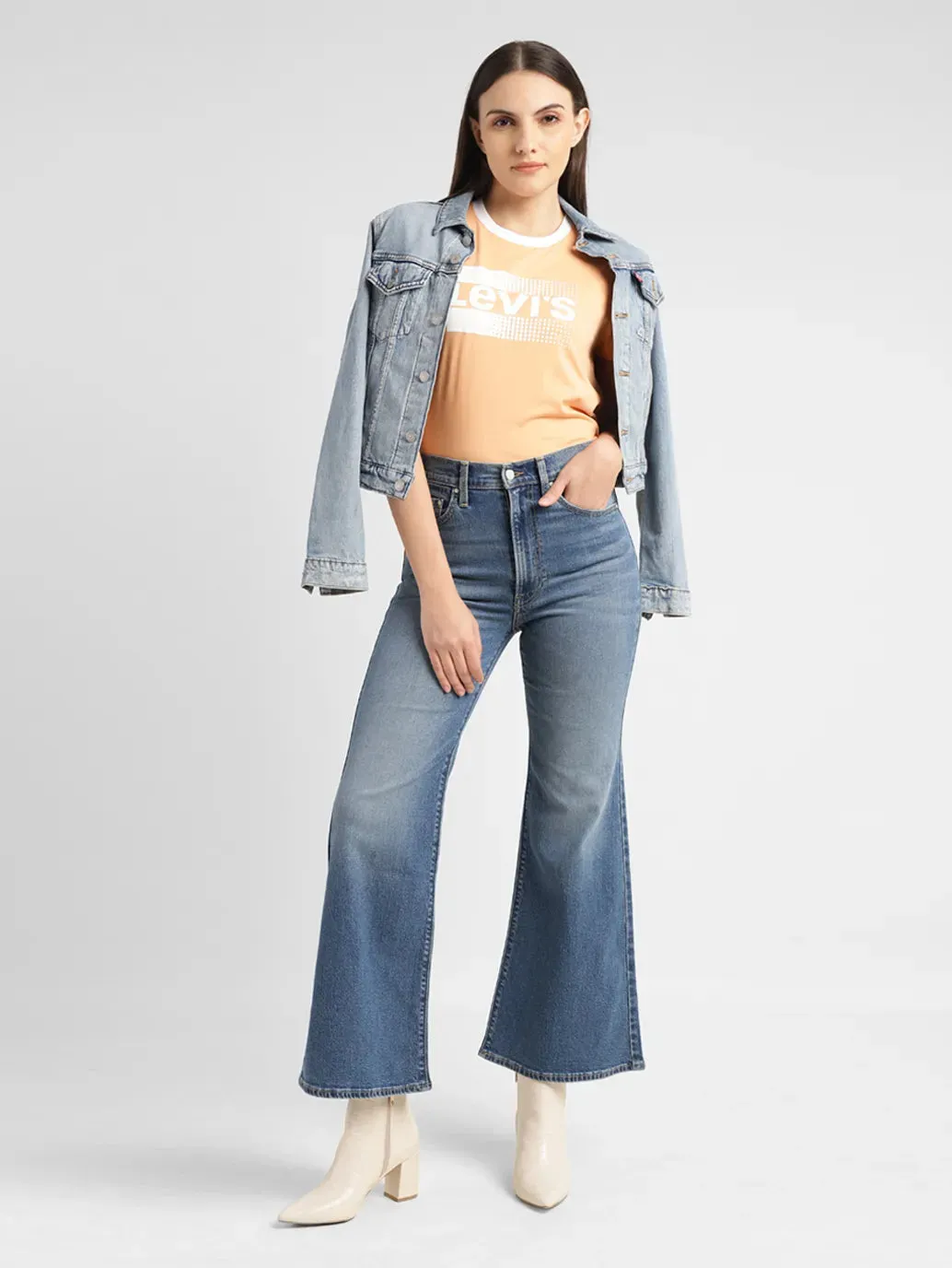 Easy Fashion Women's Blue Ribcage Bell Bottom Wide Leg Fit High Rise Jeans