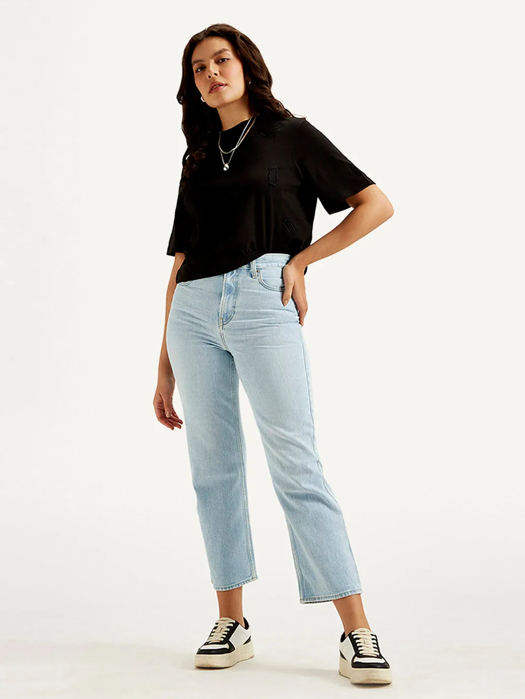 Women's Light Blue Ribcage Straight Fit High Rise Jeans Stylish Casual