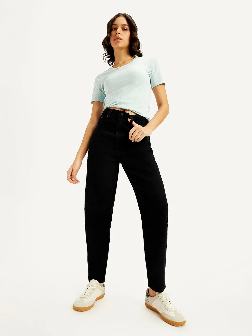 Women's Black Loose Tapered Fit High Rise Jeans Sunny Vibes Vibrant Relaxed Style