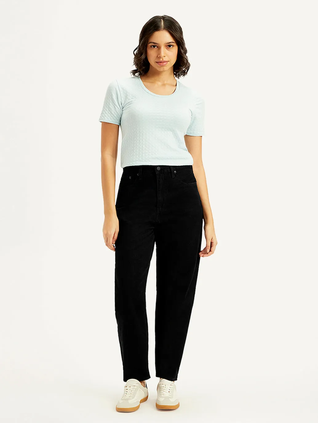 Women's Black Loose Tapered Fit High Rise Jeans Textured Party Look Soft