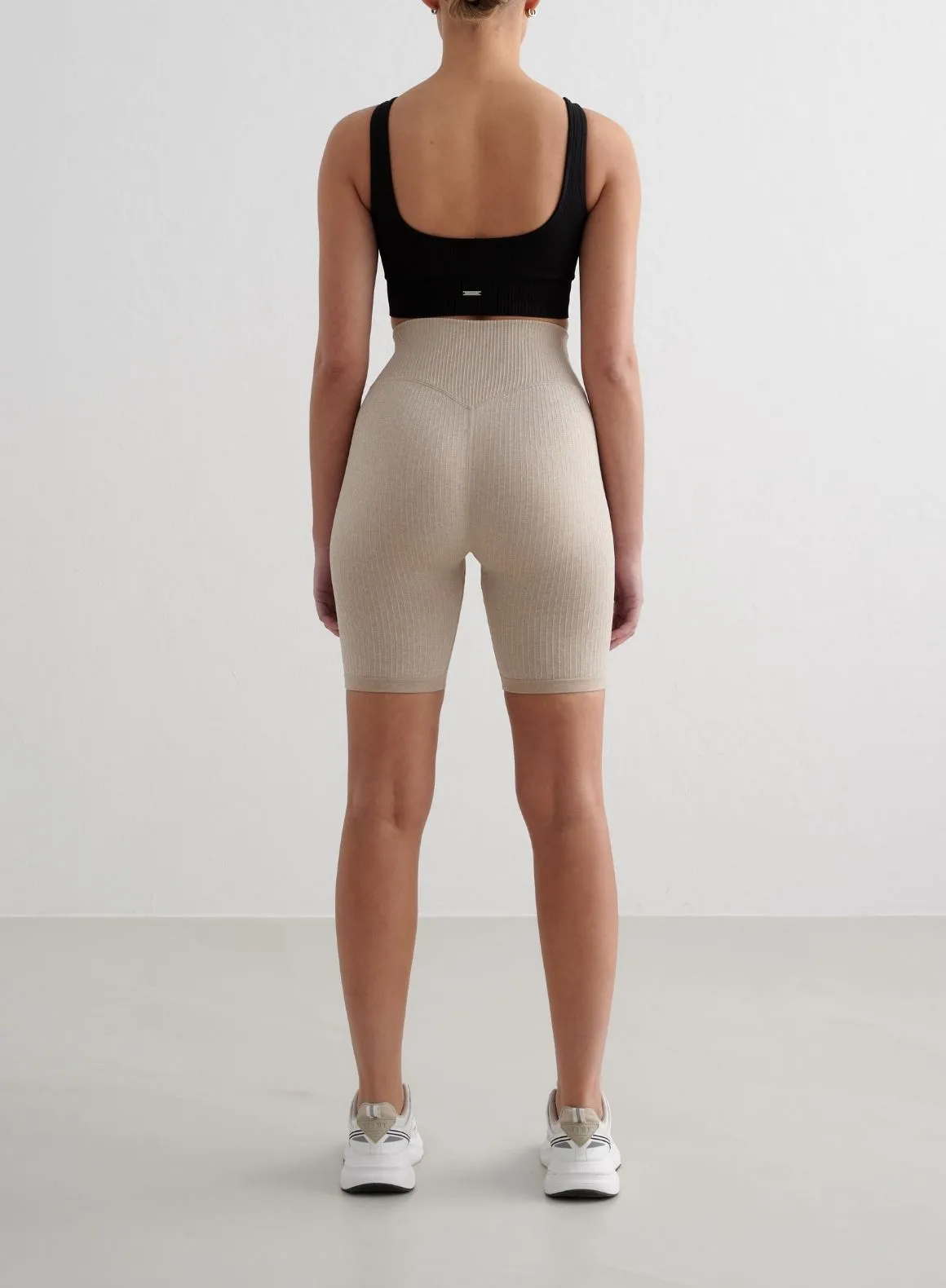 LaserCutEdging Beige Melange Ribbed Seamless Biker Shorts