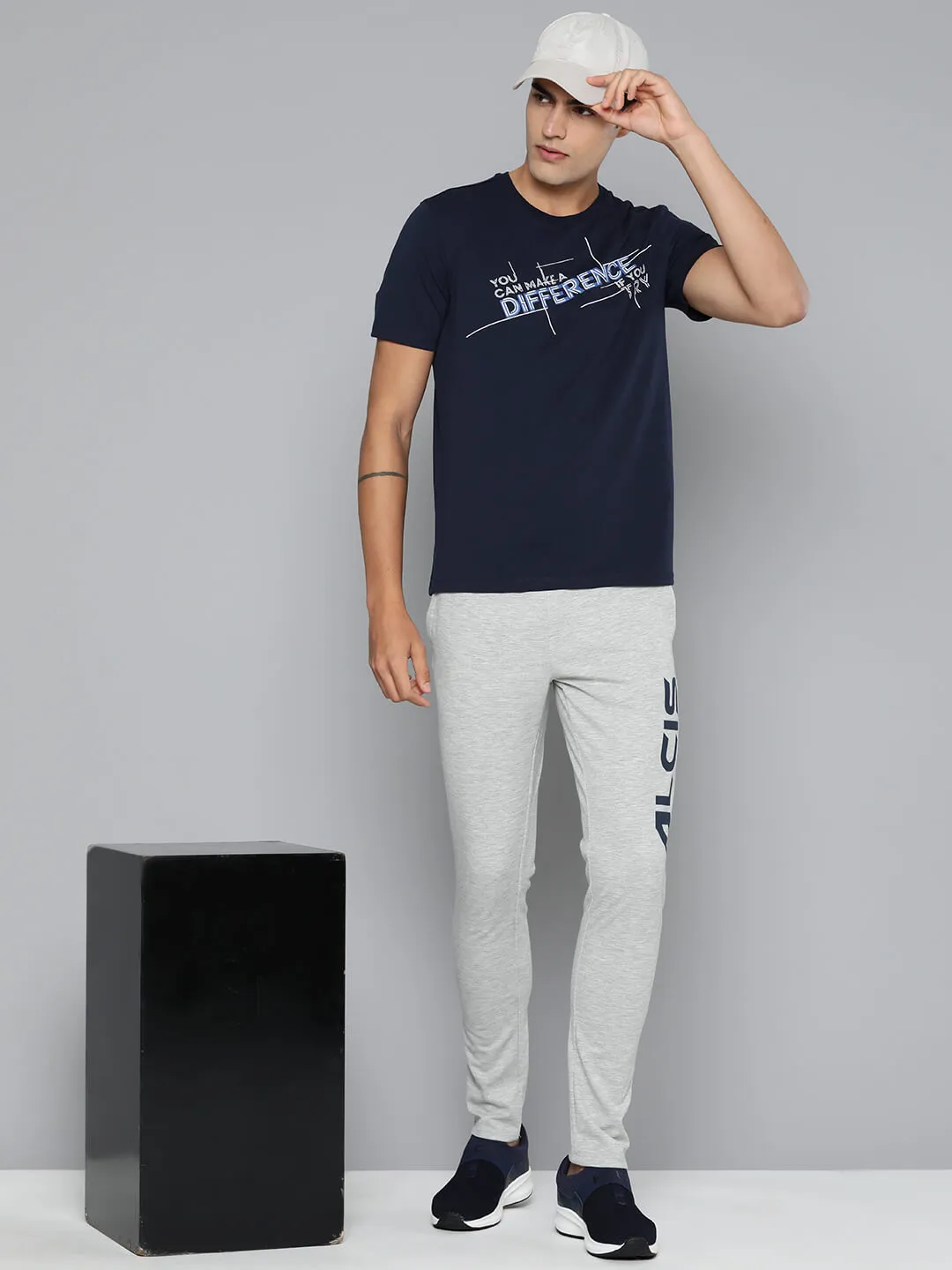 Ventilated Back Panels Recycled Polyester Alcis Men Navy Blue Typography Printed Dry Tech Slim Fit Sports T-shirt