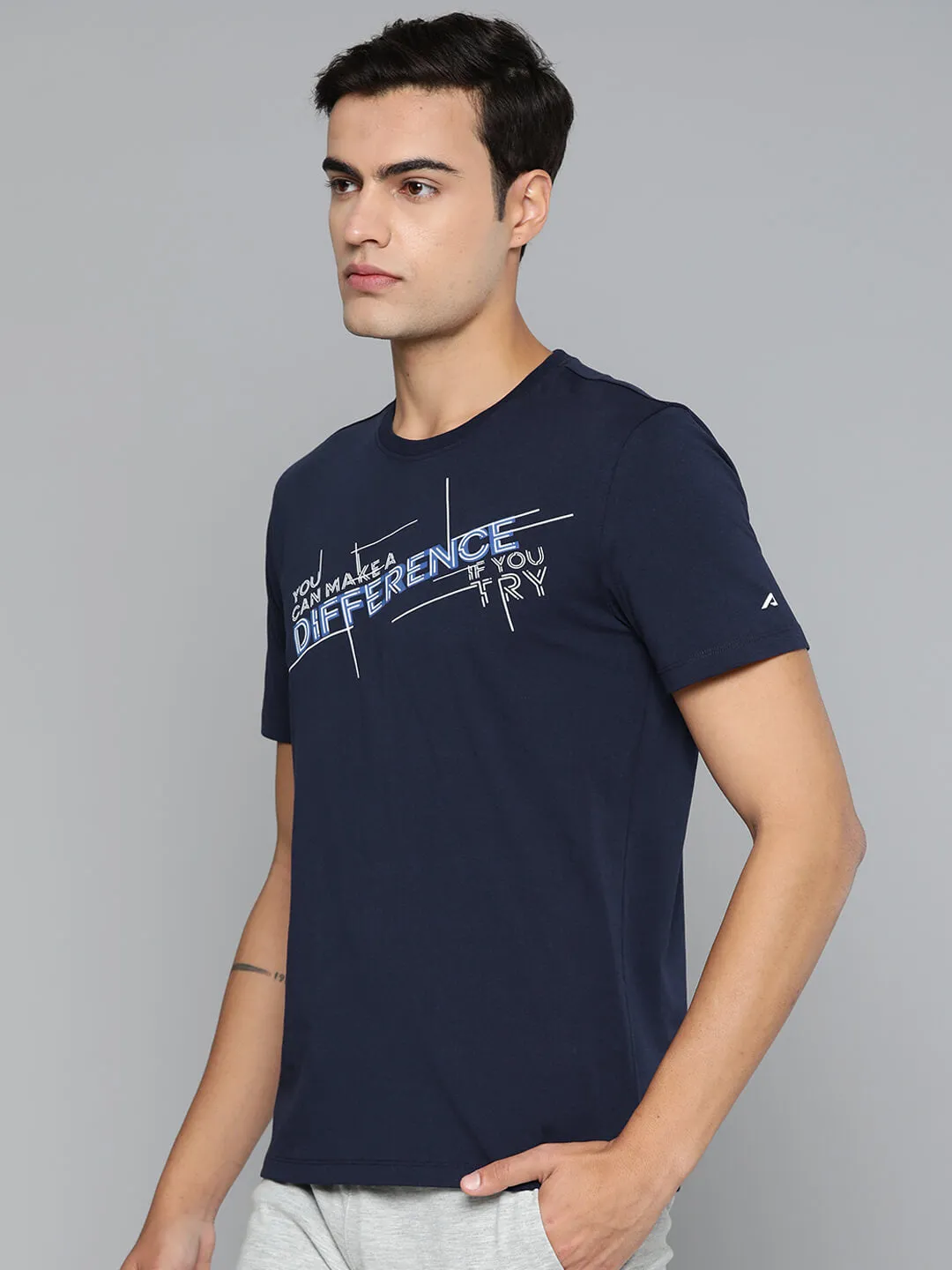 Virtual Fit Picnic Fun Alcis Men Navy Blue Typography Printed Dry Tech Slim Fit Sports T-shirt
