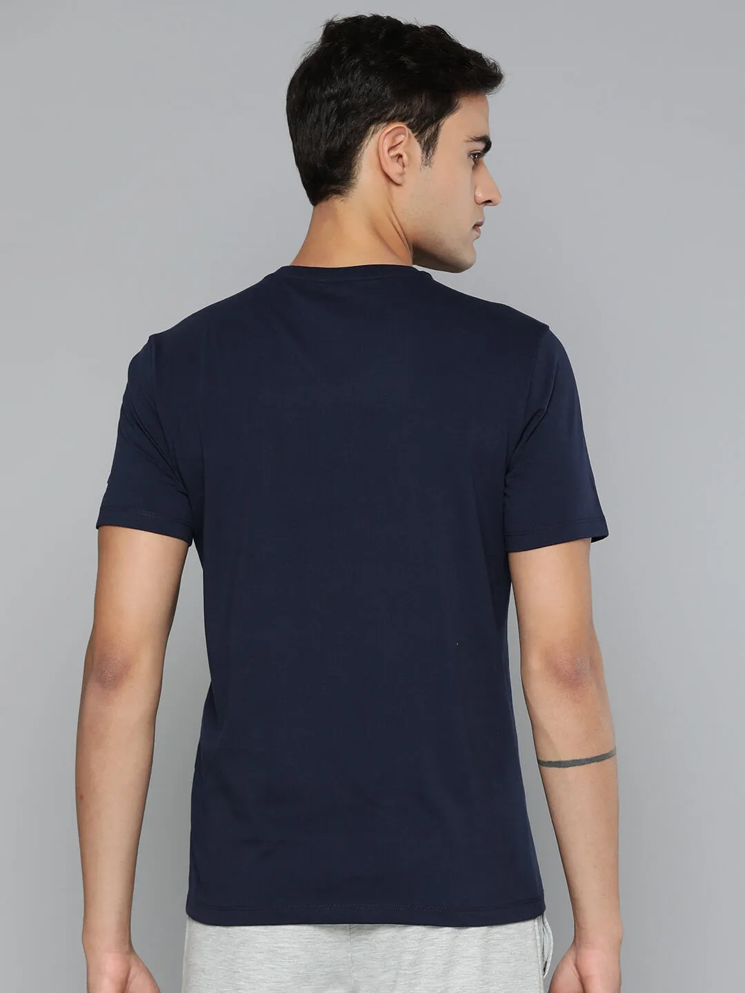 Alcis Men Navy Blue Typography Printed Dry Tech Slim Fit Sports T-shirt ThermalRegulation