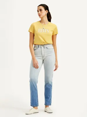 Women's Blue Wedgie Straight Fit High Rise Jeans Tapered Leg Profile Faded Wash