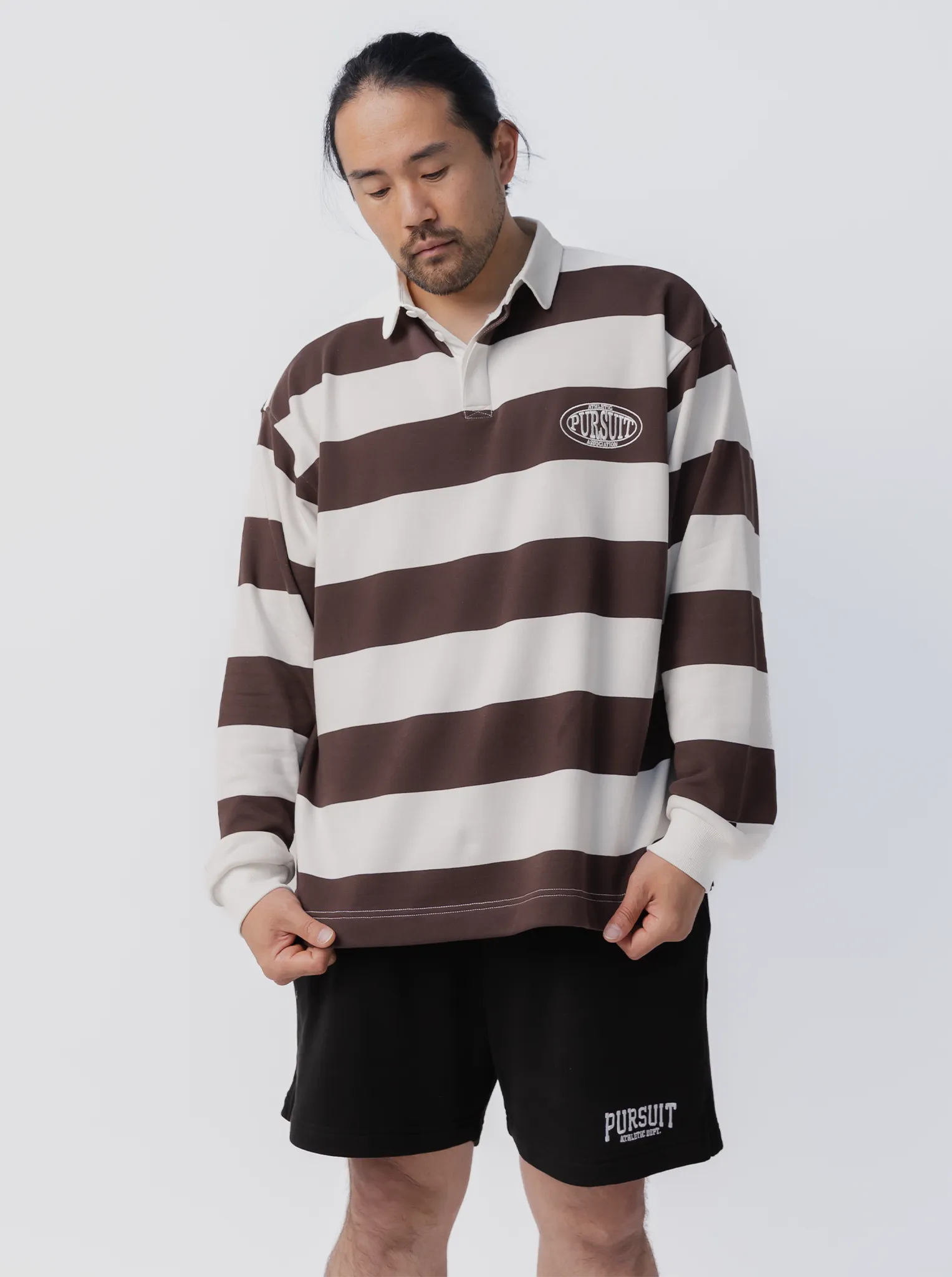 Taped Shoulder Seams Striped Rugby Jersey in Umber & White