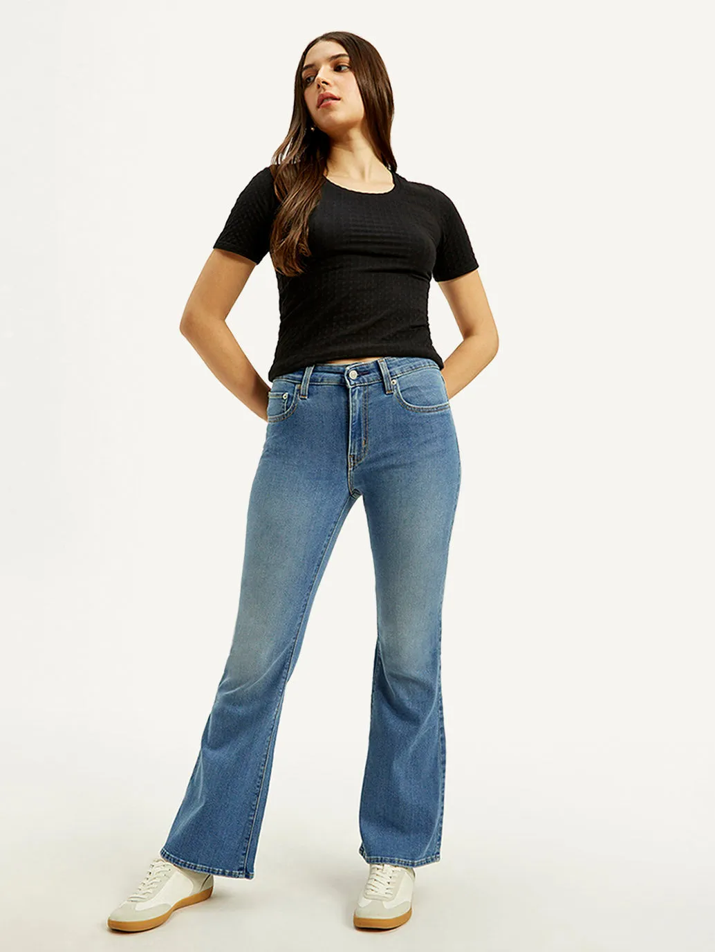 Women's 726 Blue Flared Fit Mid Rise Jeans Textured Smart Casual Road Trip Sunny Vibes Casual