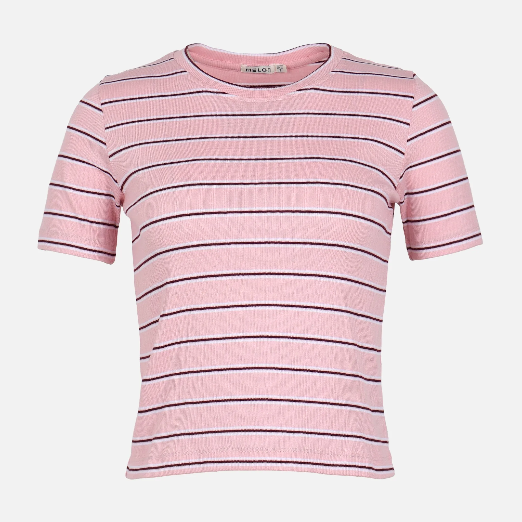 WOMEN RIBBED STRIPE T-SHIRT SHORT SLEEVE Tagless Design