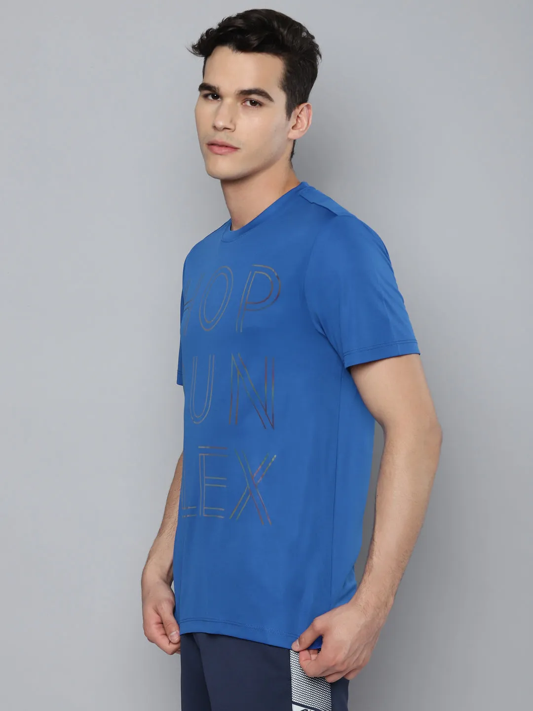 Alcis Men Blue Black Typography Printed Slim Fit Training or Gym T-shirt Faith Core