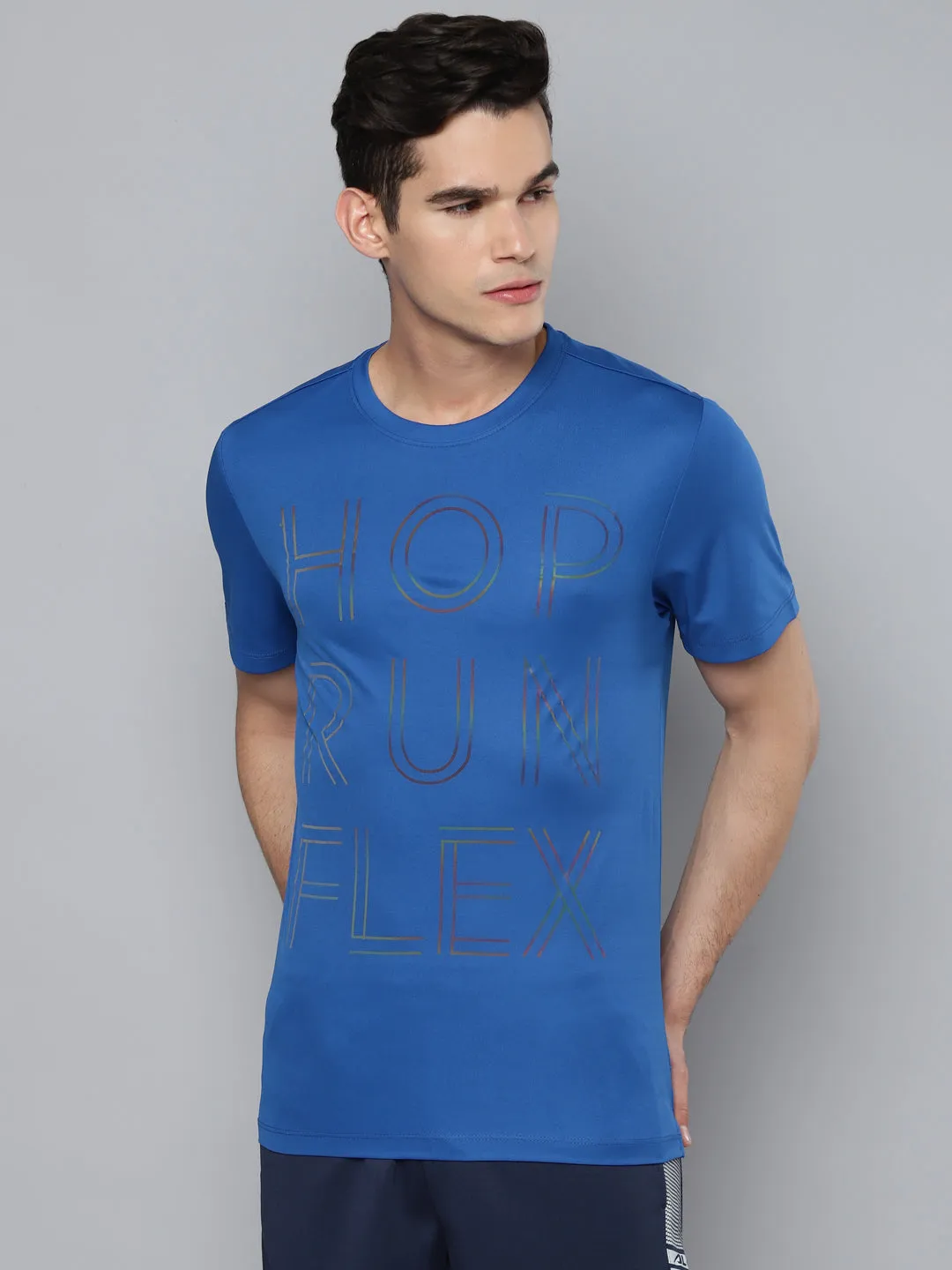 Alcis Men Blue Black Typography Printed Slim Fit Training or Gym T-shirt Trend Vibe AntiSnag Threading