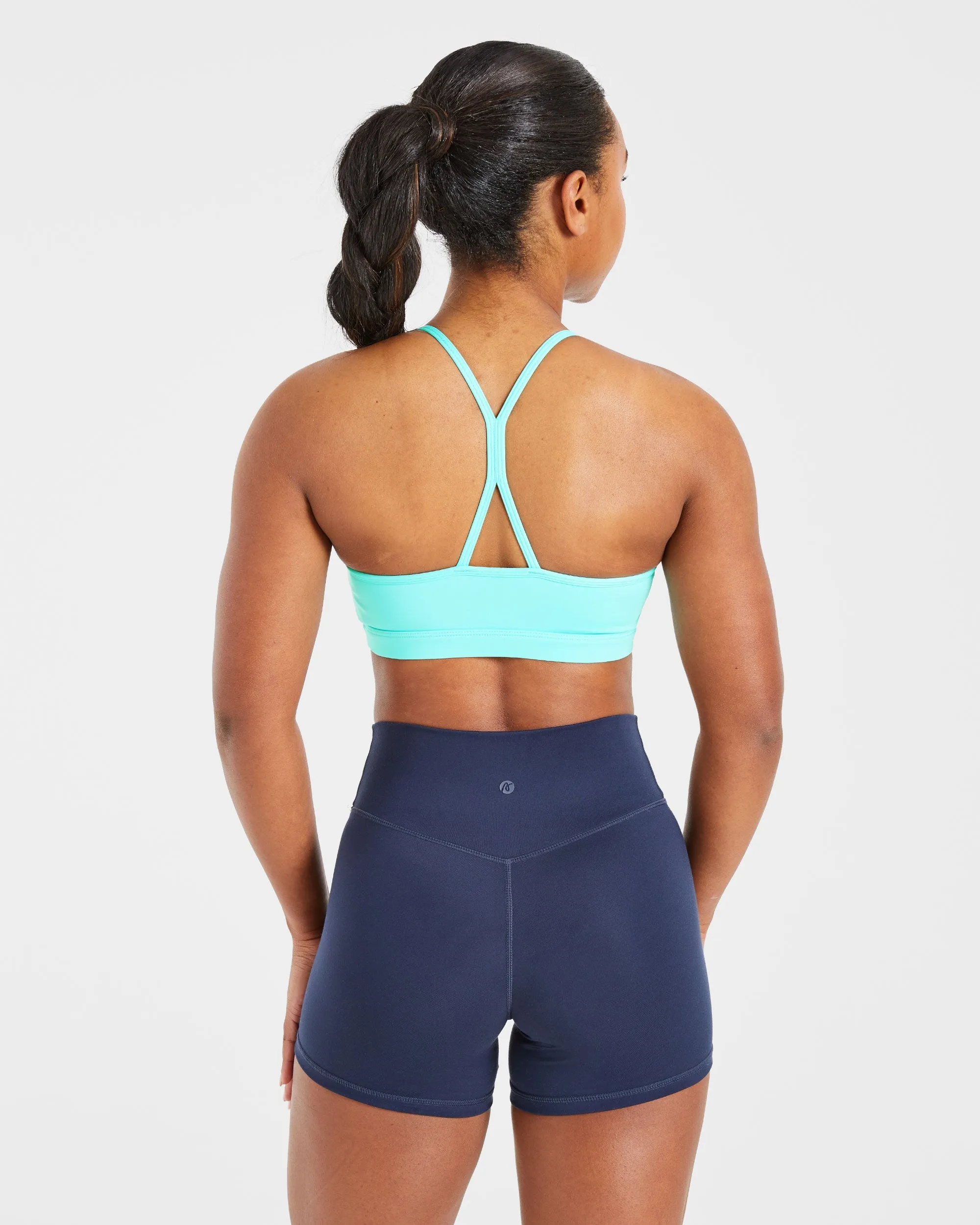 Essential Ruched Sports Bra - Aqua Blue Cross Strap Support Spandex
