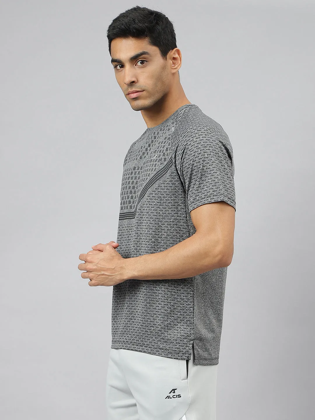 Office Glam Tight Net Alcis Men Black Heather Anti-Static Slim-Fit Round Neck Distance Running T-Shirt