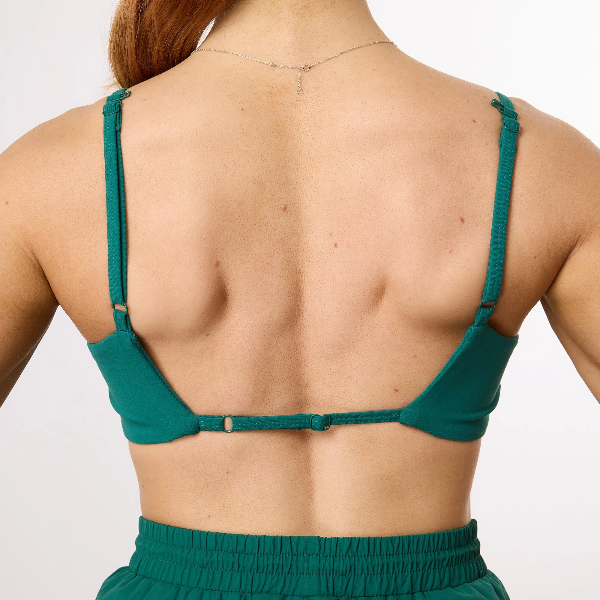 Vanquish Enhance Forest Green Minimal Open Back Bra layering Adjustable Wear
