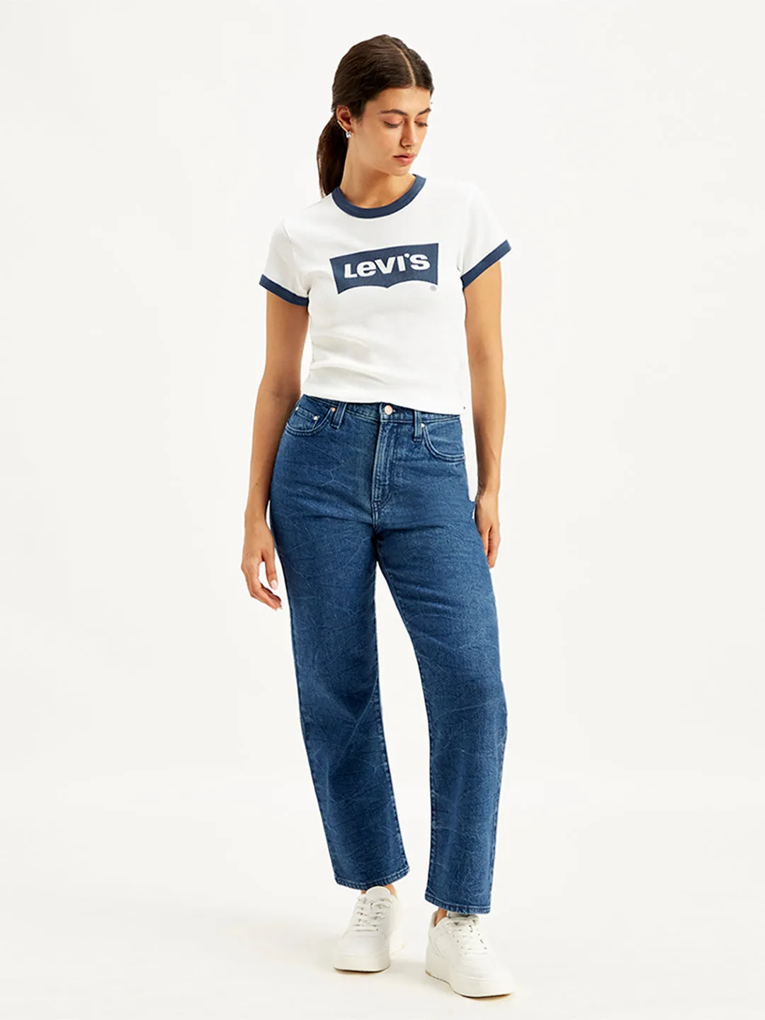 Women's Blue Ribcage Straight Ankle Fit High Rise Jeans Smart Fit Smart Basic